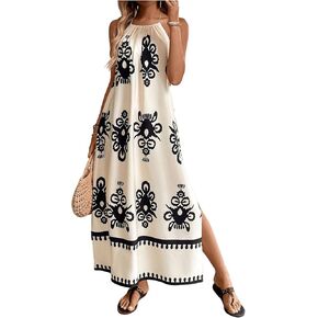 SOLY HUX Women's Backless Halter Cami Dress Boho Print Sleeveless Split Hem Long Summer Dresses
