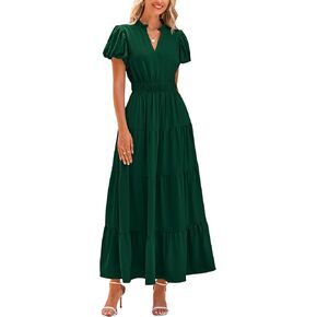 dowerme Womens Summer Dresses Casual Puff Sleeve V Neck Smocked High Waisted A-Line Tiered Midi Dress 2025