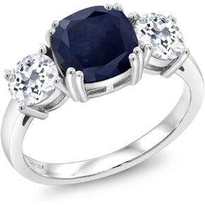 Gem Stone King 4.02 Cttw Blue Sapphire and White Topaz 3 Stone Engagement Ring For Women | 925 Sterling Silver | Gemstone September Birthstone | Cushion 8MM | Available in Size 5,6,7,8,9