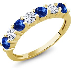 Gem Stone King 18K Yellow Gold Plated Silver Round Sapphire and Moissanite Anniversary Ring For Women (1.36 Cttw, Gemstone Birthstone, Available in size 5, 6, 7, 8, 9)
