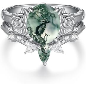 Natural Moss Agate Engagement Ring 925 Sterling Silver Moss Agate Ring Set Promise Wedding Jewelry Gifts for Women (Size 7-9)