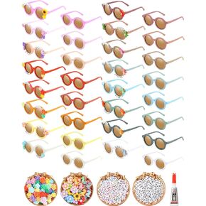 Cindeer 591 Pcs Kids Sunglasses DIY Kit 32 Cute Sunglasses 90 Rose Flower Dinosaur Charms 468 Letter Beads Glue(Round)