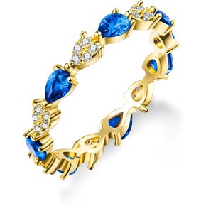 HELLOICE 14K Gold Plated Cubic Zirconia Band for Women Pear & Round Milgrain Eternity Bands Stackable Ring Simulated Diamond Gold Rings