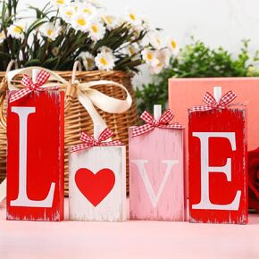 Valentine's Day Table Block Signs Valentine Wooden Tiered Tray Decor Heart Love Tabletop Signs Rustic Farmhouse Valentine Centerpieces for Valentine's Day Wedding Party Home Shelf Decorations
