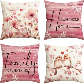 AVOIN colorlife Valentine's Day Poppy Flowers Chickadee Home Sweet Home Throw Pillow Covers, 18 x 18 Pink Family is Everything Wedding Cushion Case Decoration for Sofa Couch Set of 4
