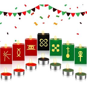 Mumufy 7 Sets Kwanzaa Tea Light Candles with Wooden Cube Candle Holders Kwanzaa Kinara Sets Double Sided Printing Kwanzaa Celebration Decorations Kwanzaa Ornaments Party Favors Table Decorations