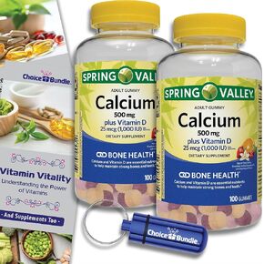 Spring Valley Calcium 500 mg Plus Vitamin D 25 mcg Bone Health Dietary Supplement Gummies 100 Ct Plus Vitamin Guide & Pill Container (3 Items)!