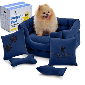 Luxury Handcrafted 5-in-1 Dog and Cat Bed Set | 3X More Durable Washable Elevated Puppy and Kitty Couch with 2 Cushions & 2 Toys – Super Soft Dutch Velvet, Size (21in-17in-10in)