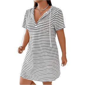 SHENHE Women's Plus Size Striped Drawstring Casual Short Sleeve Knee Length Hoodie Dress