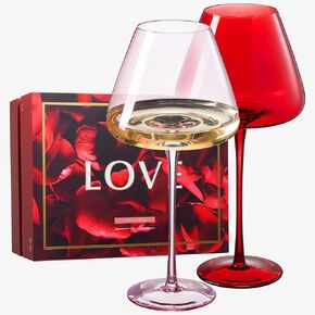 Khen Gift for Mothers Day, Mom, Wife, Her, Colored Wine Glasses with Rose Quartz Wine Gems, 2 Crystal Red & Pink Tall Large Stemmed 20 oz Glass, With Rose & Amethyst Quartz Gemstones Gem Chillers