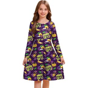 BesserBay Girl's Valentine's Day Heart Print Mardi Gras Long Sleeve Midi Dress 4-12 Years