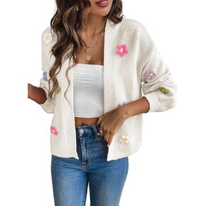 utcoco Women's Cropped Cardigan Sweaters Boho Crochet Floral Embroidery Oversized Open Front Knit Sweater Outwear