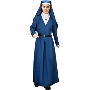 Womens Mrs. Davis Nun Costume Dress Sister Blue Suit With Wimple Cross Necklace Belt Priest Halloween Cosplay Outfit
