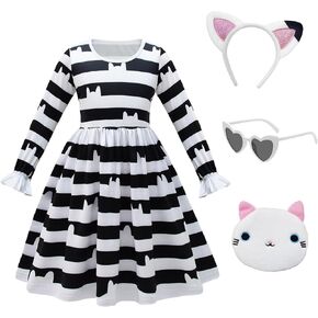 Cat Dollhouse Black and White Striped Dress with Headband Halloween Birthday Christmas Dress Up For 4-8 Years