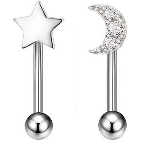 2Pcs 16G Star Moon Eyebrow Rings for Women Stainless Steel Eyebrow Curved Barbell Eyebrow Piercing Jewelry Cartilage Earrings Internal Thread Hypoallergenic