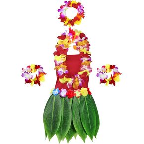 6 Pcs Hawaiian Woman Costume Include Hula Skirt Crop Top Hawaiian Flower Leis Necklace Bracelet for Halloween Women Cosplay