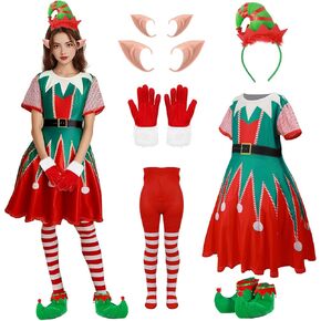 7Pcs Christmas Elf Costume for Women Adult Santa's Helper Costume Elf Dress Outfit Xmas Costume Suit