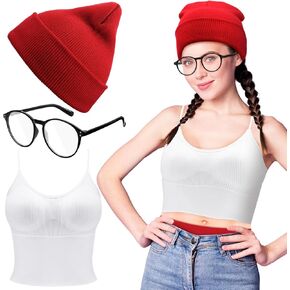 3 Pcs Halloween Subway Women Costume Accessories Cami Top Slouchy Red Beanie Cap Knit Hat Square Eyeglasses for Women Halloween Party