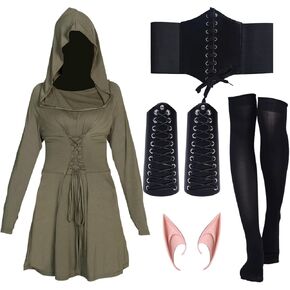 5 Pcs Women Renaissance Fairy Costumes Set, Medieval Dress Hooded Robe High Waist Dress with Thumb Hole, Vintage Women Fairy Costume Elf Ears Accessories for Halloween Cosplay (Army Green)