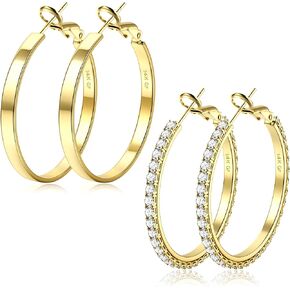 BESTEEL 2 Pairs 14K Gold Hoop Earrings for Women Hypoallergenic Sterling Silver Big Large Gold Hoops Set Thin Rhinestone Earrings Pack Lightweight 30/40/50/60/70mm