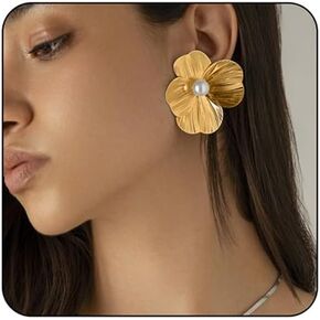 Gold Statement Flower Earrings,Chunky Punk Flower Bunch Dangle Earrings Ginkgo Biloba Leaf Tassel Earrings Large Metal Flower Drop Earrings Bohemian Layered Petal Floral Earrings Jewelry for Women