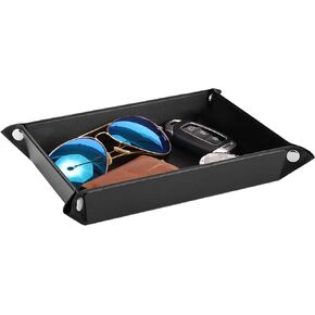 Luxspire Valet tray, PU Leather Tray, Catchall Tray, Men Women Jewelry Key Tray, Desk Storage Plate for Key Coin Phone Jewelry Wallet, Medium Size - Black