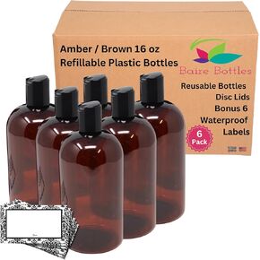16 oz Empty Plastic Bottles with Squeeze Top for Shampoo Bottles, Lotion Bottle, Sanitizer, 6 Pack, Waterproof Labels, PET, BPA Free USA (Amber/Brown with Black Disc, Damask Labels)
