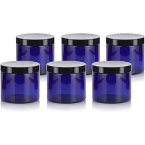 JUVITUS 16 oz Cobalt Blue PET Plastic Refillable Jar with Black Smooth Lid (6 pack)