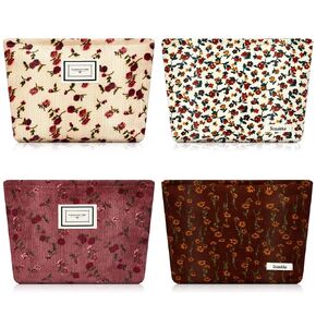 Sanwuta 4 Pcs Corduroy Cosmetic Bags Floral Makeup Bag Corduroy Cosmetic Pouch Flower Travel Toiletry Zipper Bag Large Capacity Aesthetic Purse Organizer Cute Handbags for Women, Girls Gifts, 4 Styles