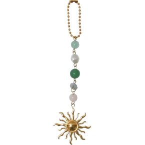 Sun Hanging Car Charm - Gold and Green Dangling Rear View Mirror Accessories, Cute Boho Handmade Healing Natural Crystals Stones Car Ornaments Decor Gifts (Green)