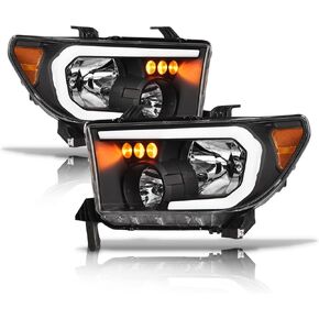 Alpha Owls 8712214 Crystal Headlights with White LED Light Bar - Black Amber Fits 2007-2013 Toyota Tundra / 2008-2017 Toyota Sequoia