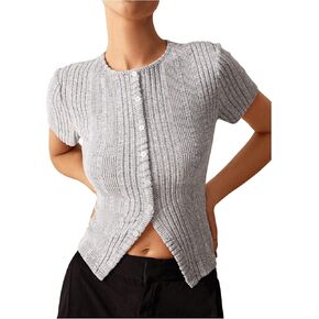 GORGLITTER Women's Striped Round Neck Knit Sweater Cardigan Button Down Short Sleeve Crop Outerwear
