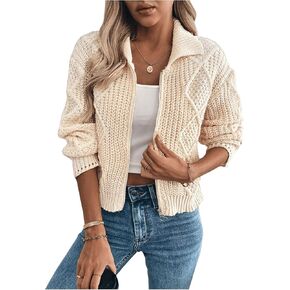 MakeMeChic Women's Cable Knit Collared Zipper Cardigan Sweaters Button Down Long Sleeve Outerwear