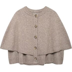 HOULENGS Women's Round Neck Knitted Shawl Cardigan Sweater Half Sleeve Button Cropped Cape Sweater Coat