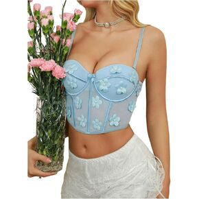 Floerns Women's Floral Appliques Corset Top Mesh Push Up Underwire Bra Lingerie