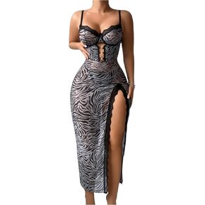 SHENHE Women's Zebra Print Split Thigh Mesh Babydoll Lingerie Dress Long Nightgown Chemise