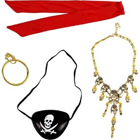 4E's Novelty Captain Pirate Costume Accessories 4Pcs Set Red Headband Bandana Head Scarf, Skull Eye Patch Gold Earrring Necklace, Pirate Costume Outfits Accessories for Women Men & Kids