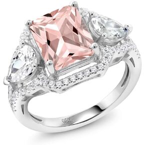 Gem Stone King 3.99 Cttw Peach Nano Morganite Ring For Women In 925 Sterling Silver | Emerald Cut 10X8MM | Gemstone October Birthstone | Available In Size 5, 6, 7, 8, 9