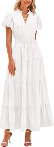 dowerme Womens Summer Dresses Casual Puff Sleeve V Neck Smocked High Waisted A-Line Tiered Midi Dress 2025 in Saudi Arabia