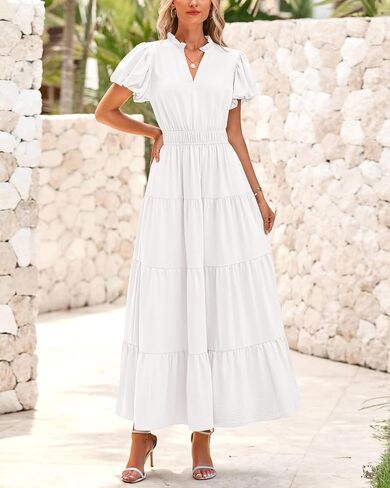 dowerme Womens Summer Dresses Casual Puff Sleeve V Neck Smocked High Waisted A-Line Tiered Midi Dress 2025 in Saudi Arabia