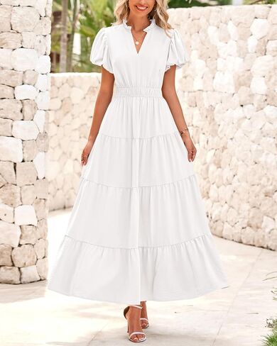 dowerme Womens Summer Dresses Casual Puff Sleeve V Neck Smocked High Waisted A-Line Tiered Midi Dress 2025 in Saudi Arabia