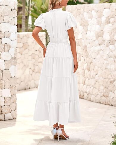 dowerme Womens Summer Dresses Casual Puff Sleeve V Neck Smocked High Waisted A-Line Tiered Midi Dress 2025 in Saudi Arabia