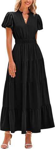 dowerme Womens Summer Dresses Casual Puff Sleeve V Neck Smocked High Waisted A-Line Tiered Midi Dress 2025 in Saudi Arabia