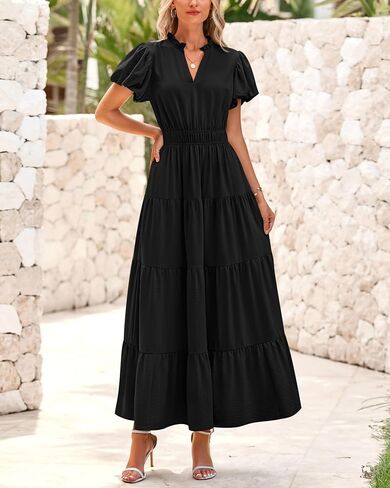 dowerme Womens Summer Dresses Casual Puff Sleeve V Neck Smocked High Waisted A-Line Tiered Midi Dress 2025 in Saudi Arabia