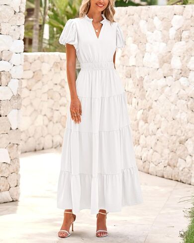 dowerme Womens Summer Dresses Casual Puff Sleeve V Neck Smocked High Waisted A-Line Tiered Midi Dress 2025 in Saudi Arabia