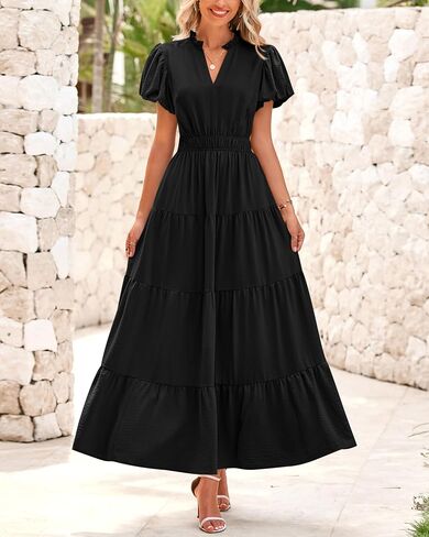 dowerme Womens Summer Dresses Casual Puff Sleeve V Neck Smocked High Waisted A-Line Tiered Midi Dress 2025 in Saudi Arabia