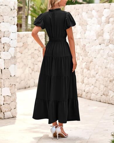 dowerme Womens Summer Dresses Casual Puff Sleeve V Neck Smocked High Waisted A-Line Tiered Midi Dress 2025 in Saudi Arabia