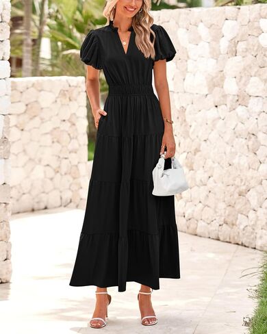 dowerme Womens Summer Dresses Casual Puff Sleeve V Neck Smocked High Waisted A-Line Tiered Midi Dress 2025 in Saudi Arabia