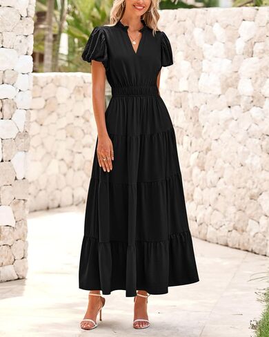 dowerme Womens Summer Dresses Casual Puff Sleeve V Neck Smocked High Waisted A-Line Tiered Midi Dress 2025 in Saudi Arabia