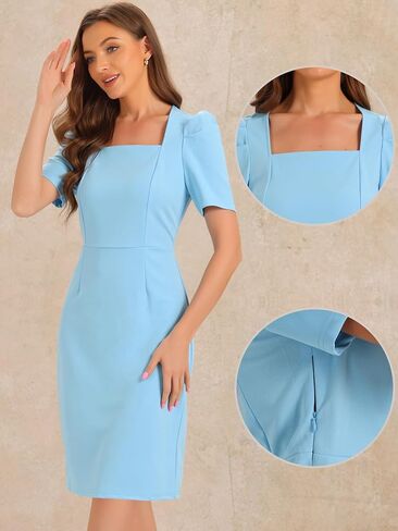 Allegra K Square Neck Dress for Women's Puff Sleeve Rear Slit Above Knee Business Casual Pencil Dress in Saudi Arabia